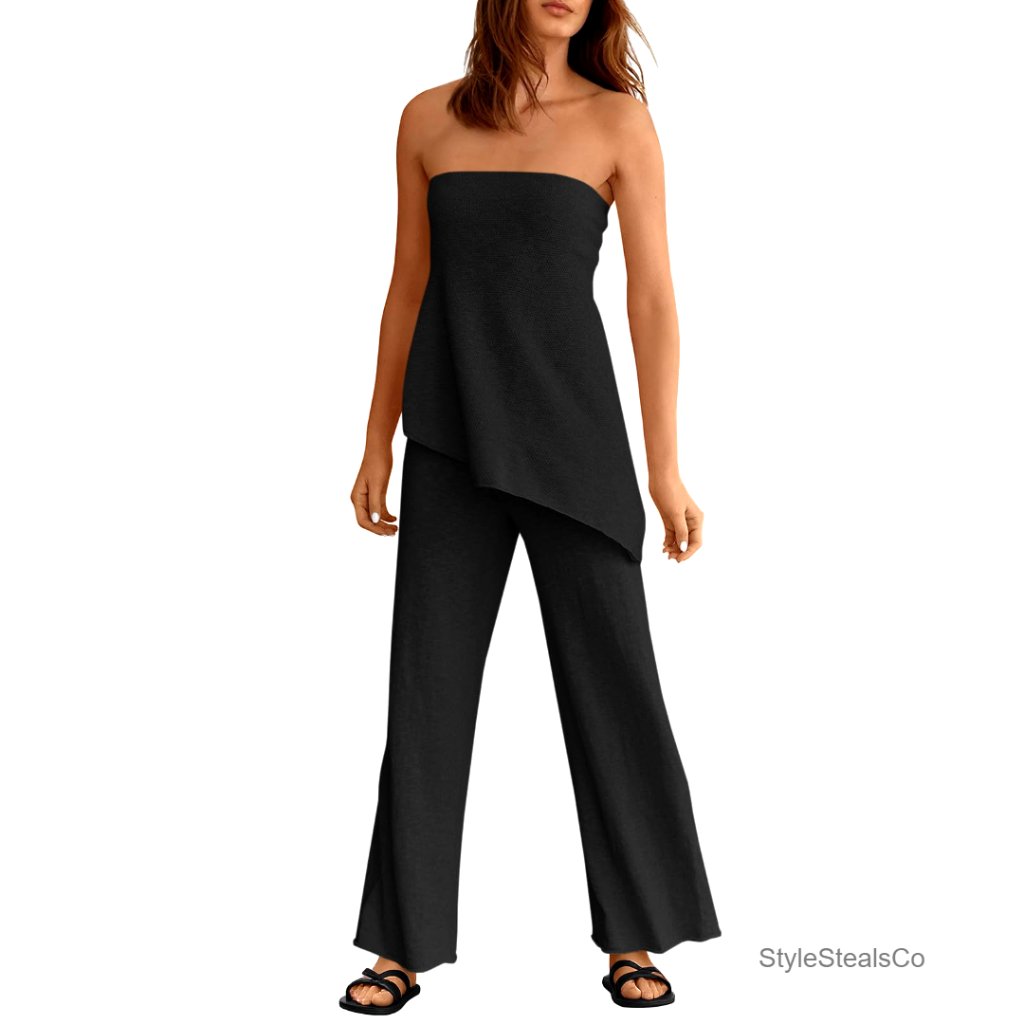 Large Soft Knit Matching Lounge Set Asymmetrical Tube Top Wide Leg Pants
